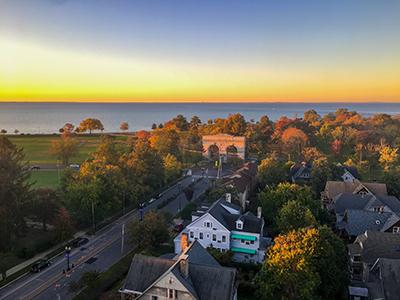 Birds eye view of campus at sunset